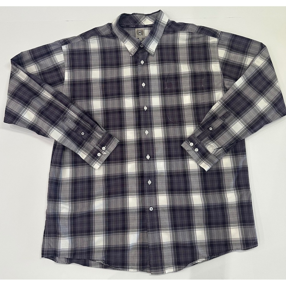 Cinch Mens XXL Purple Grey Plaid Long Sleeve Button Down Cotton Western Shirt